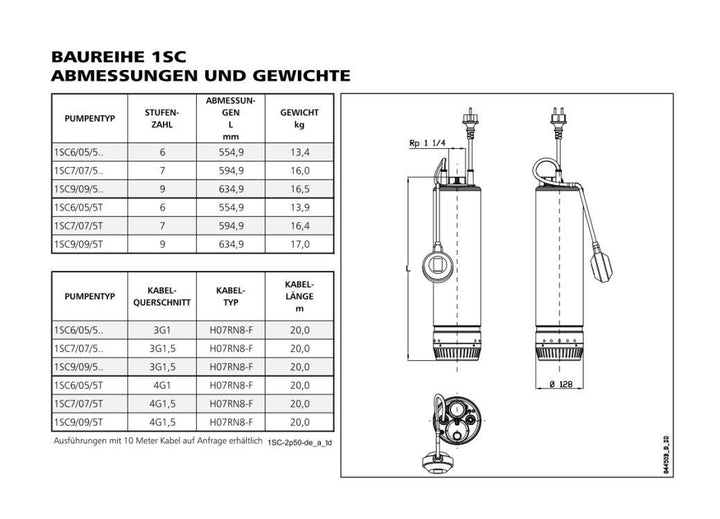 Lowara Tauchmotorpumpe U-Pumpe SCUBA 3 SC8/11C G L20 DE Wechselstr.m. Schw.max.H:76 m Q:4,2m3/h