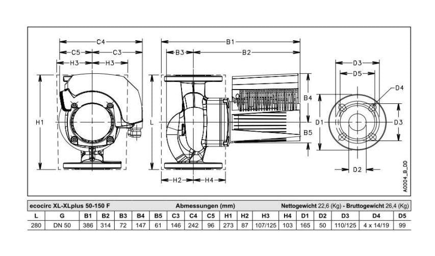 Lowara Hocheffizienzpumpe H-Pumpe ecocirc XLplus 50-150 F L:280 FL DN50 PN6/10 max. H:15m 46-1150W