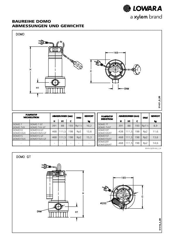 Lowara Schmutzwasserpumpe DOMO 7/B max. H:7,5m Rp1 1/2" max. Eintaucht.:5m