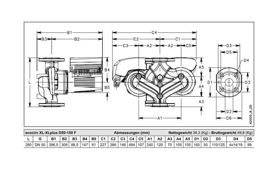 Lowara Hocheffizienzpumpe H-Pumpe ecocirc XLplus D 50-150 F L:280 FL DN50 PN6/10 max. H:15m 47-1160W