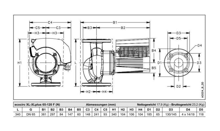 Lowara Z-Pumpe ecocirc XL N 65-120 F L:340 FL DN65 PN6/10 max. H:12m 53-892W