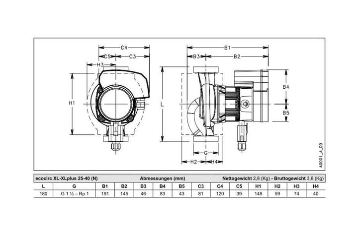 Lowara Hocheffizienzpumpe H-Pumpe ecocirc XL 25-40 L:180 G1 1/2" PN10 max. H:4m 5-50W
