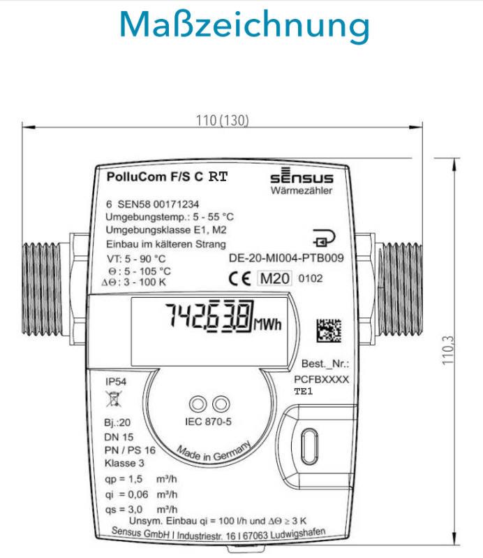 Sensus Kompaktkältezähler WMZ MK PolluCom F/S C RT Qp 0,6 B DN15 AG M62x2 PN16 45/5,2