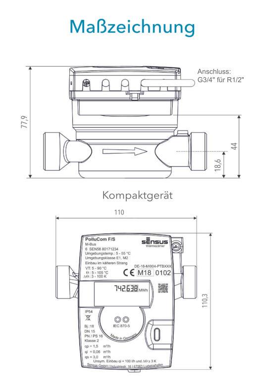 Sensus Kompaktkältezähler WMZ PolluCom F Qp 1,5 B DN15 L:110 AG3/4" PN16 45/5,2