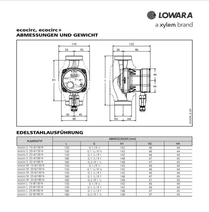 Lowara Z-Pumpe ecocirc M 15-6/130 N L:130 G1" PN10 max. H:6m 34W