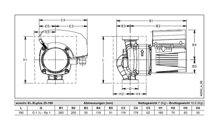 Lowara Hocheffizienzpumpe H-Pumpe ecocirc XL 25-100 L:180 G1 1/2" PN10 max. H:10m 17-231W