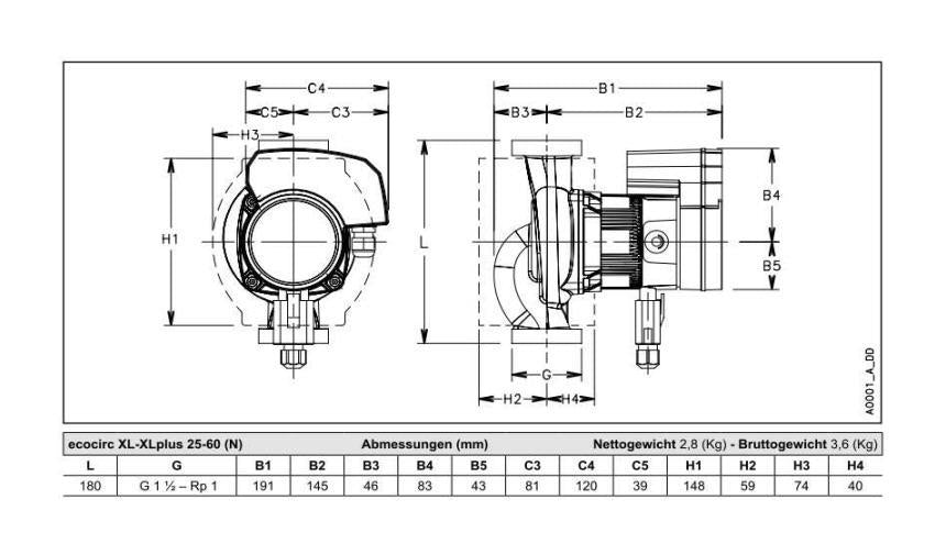 Lowara Z-Pumpe ecocirc XL N 25-60 L:180 G1 1/2" PN10 max. H:5,8m 5-100W