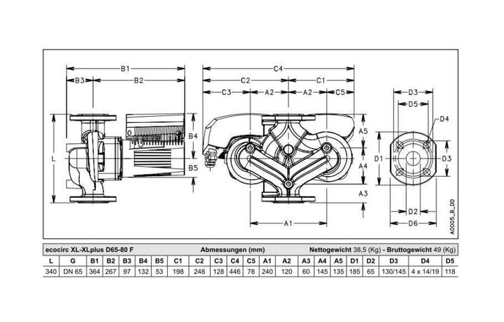 Lowara Hocheffizienzpumpe H-Pumpe ecocirc XL D 65-80 F L:340 FL DN65 PN6/10 max. H:8m 37-490W