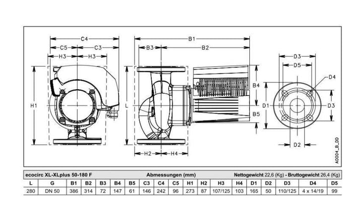 Lowara Hocheffizienzpumpe H-Pumpe ecocirc XLplus 50-180 F L:280 FL DN50 PN6/10 max. H:18m 46-1470W