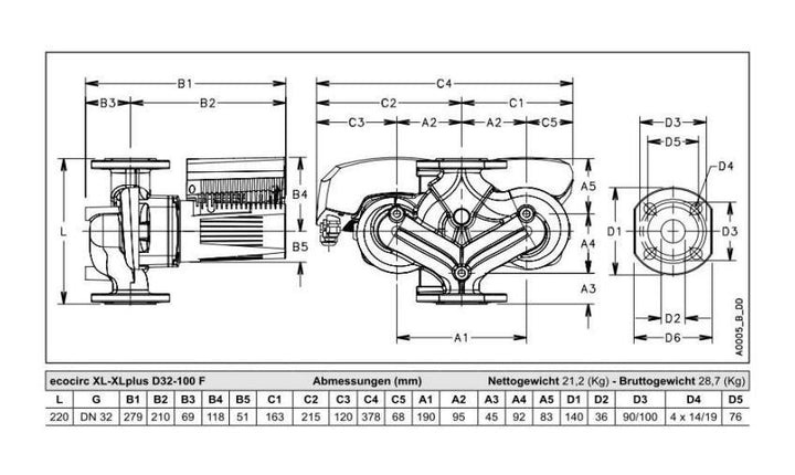 Lowara Hocheffizienzpumpe H-Pumpe ecocirc XLplus D 32-100 F L:220 FL DN32 PN6/10 max. H:10m 15-220W