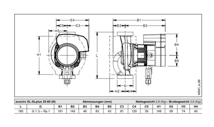 Lowara Hocheffizienzpumpe H-Pumpe ecocirc XLplus 25-60 L:180 G1 1/2" PN10 max. H:6m 5-100W