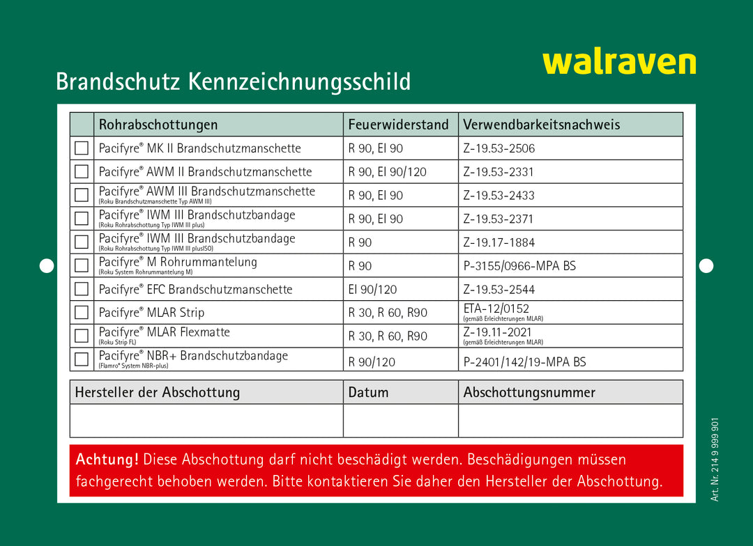 Walraven - Brandschutzsysteme Kennzeichnungsschild Walraven + Tangit Abschottung - Art. 