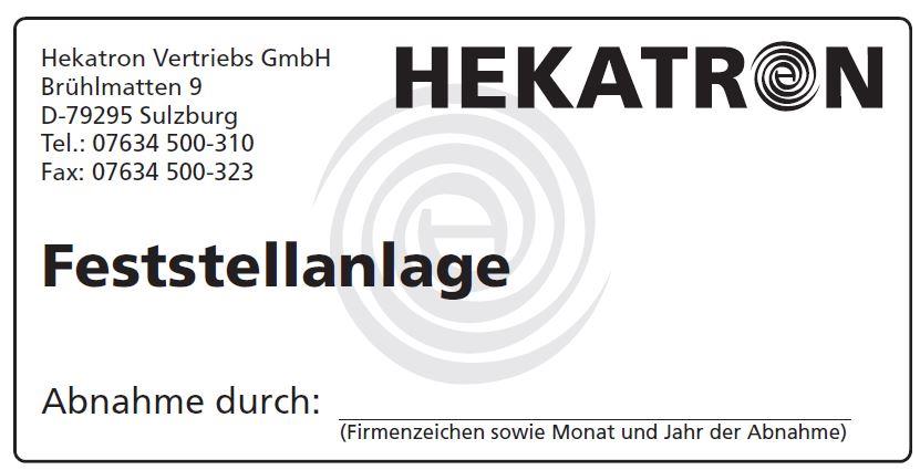 Hekatron Brandschutz Abnahmeschild für Feststellanlagen - Art. 3 740 888