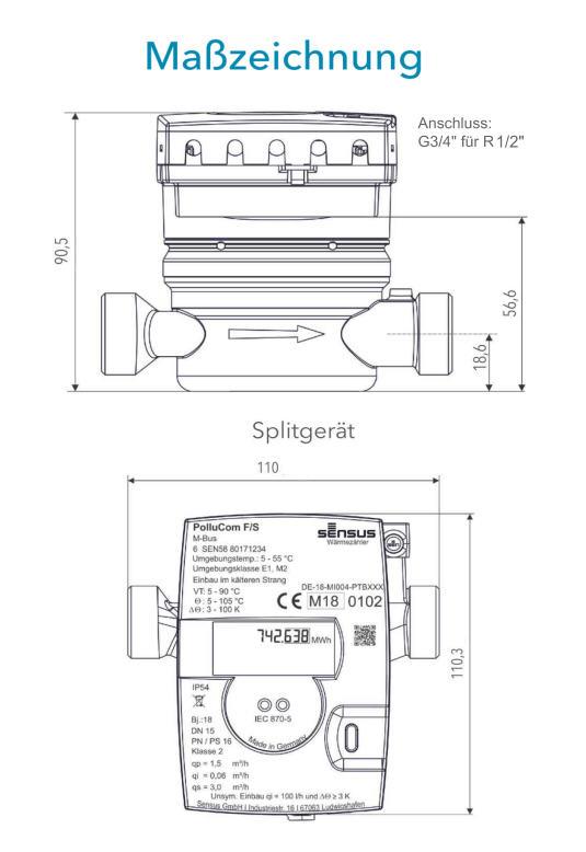 Sensus Kompaktkältezähler KMZ PolluCom F/S Qp 0,6 B DN15 L:110 AG3/4" PN16 45/5,2