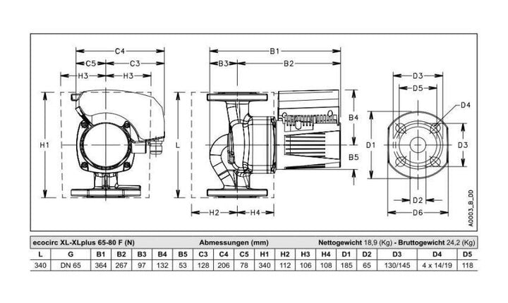 Lowara Hocheffizienzpumpe H-Pumpe ecocirc XLplus 65-80 F L:340 FL DN65 PN6/10 max. H:8m 45-510W