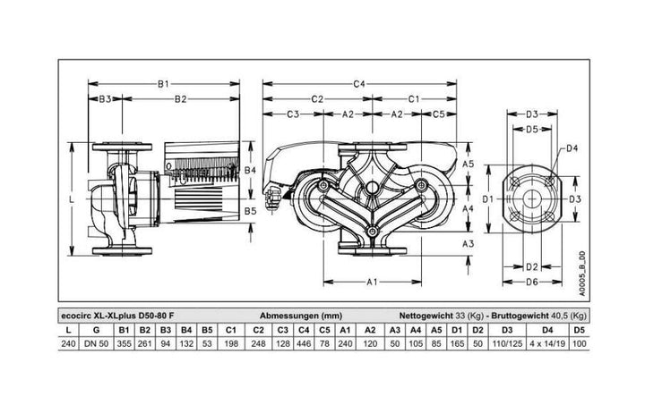 Lowara Hocheffizienzpumpe H-Pumpe ecocirc XL D 50-80 F L:240 FL DN50 PN6/10 max. H:8m 34-395W