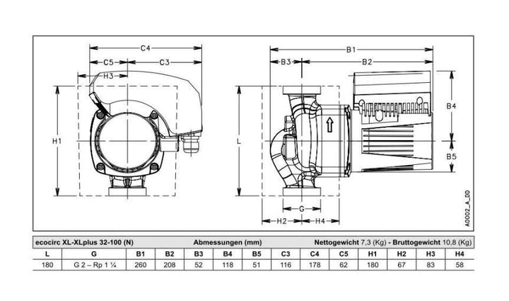 Lowara Z-Pumpe ecocirc XLplus N 32-100 L:180 G2" PN6/10 max. H:10m 18-233W