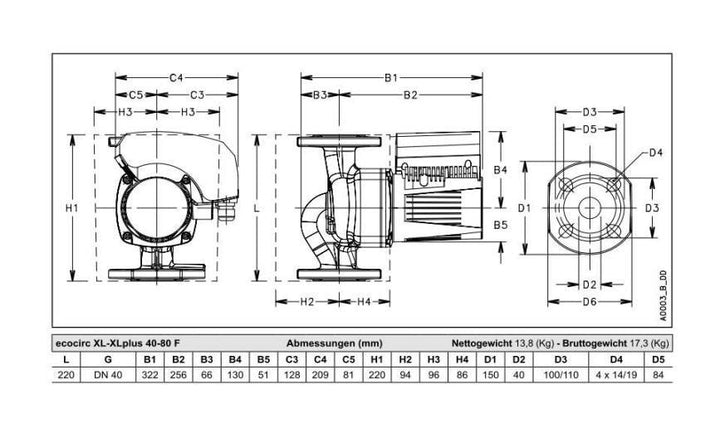 Lowara Hocheffizienzpumpe H-Pumpe ecocirc XL 40-80 F L:220 FL DN40 PN6/10 max. H:8m 13-356W