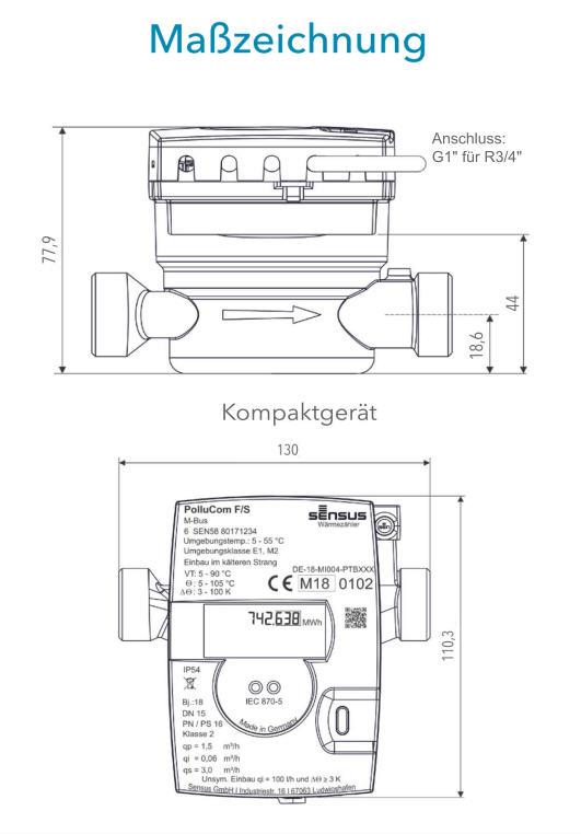 Sensus Kompaktkältezähler WMZ PolluCom F Qp 2,5 B DN20 L:130 AG1" PN16 45/5,2 wMBus