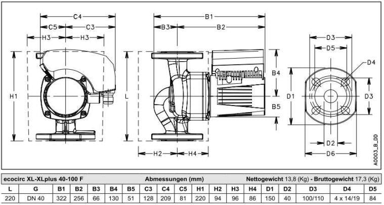 Lowara Hocheffizienzpumpe H-Pumpe ecocirc XLplus 40-100 F L:220 FL DN40 PN6/10 max. H:10m 13-455W