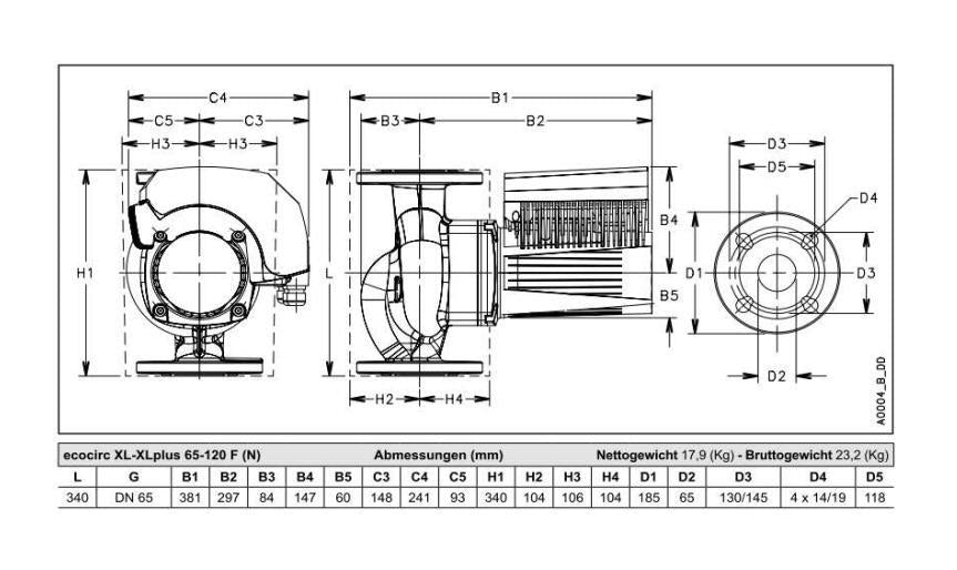 Lowara Hocheffizienzpumpe H-Pumpe ecocirc XL 65-120 F L:340 FL DN65 PN6/10 max. H:12m 52-927W