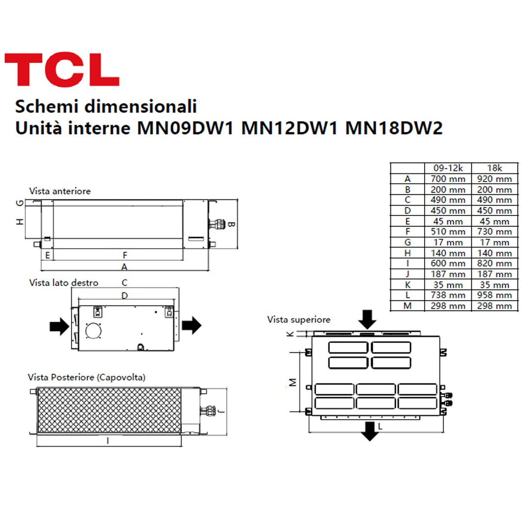 TCL Kanalgerät Serie D 9000+9000+12000+12000+18000 BTU – Multisplit-Klimagerät (5x), 13/13 kW, R32, A++/A+, WLAN