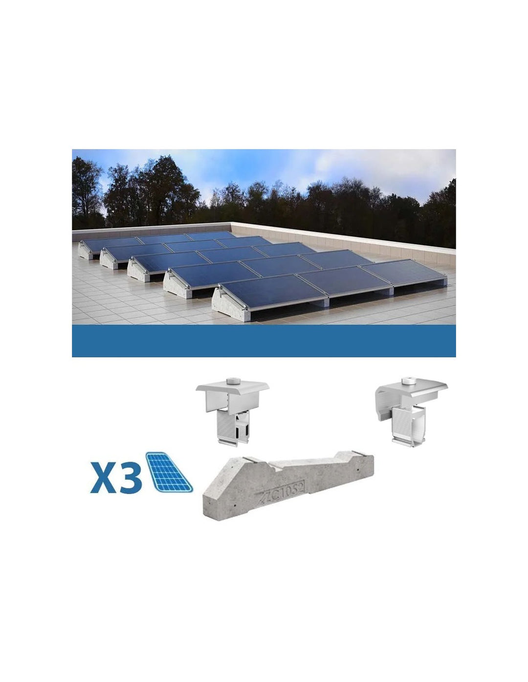 Befestigungssatz für 3 Flachdachplatten mit Ballast Solar-Photovoltaik