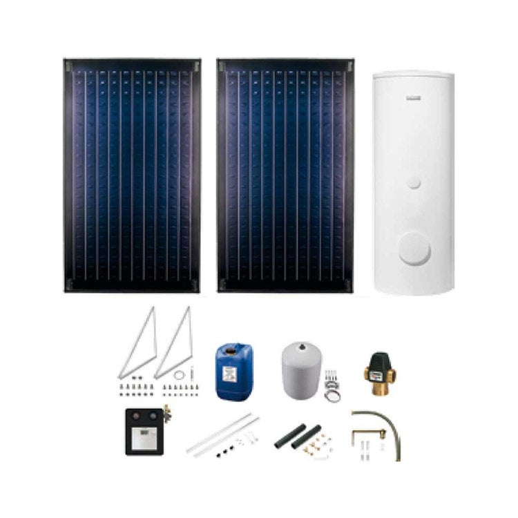 Bosch Solarkit Komplett mit Zwangskreislauf mit 2 Solarkollektoren FCC220-V mit Montagesystem für Flachdach oder Neigung von 15°-35° 7735246058