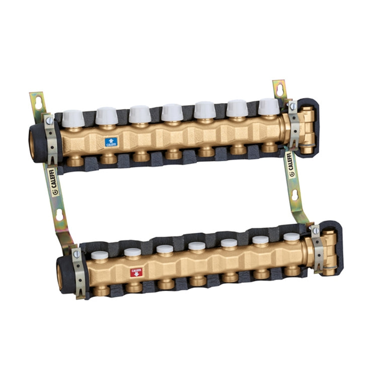 Caleffi Vormontierter Verteiler für Heiz- und Kühlsysteme mit 10 Ableitungen 3/4" M und Anschluss 1 1/4", komplett mit Absperrventilen und Einstellventilen 6637L5 IS