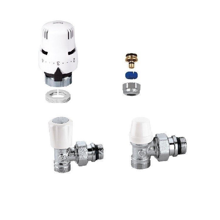 Caleffi Komplettset mit thermostatisierbarem Ventil, Eckform 1/2", für Kupfer-, Kunststoff- und Mehrschichtverbundrohre Durchmesser 16x2 und 16x2,25 KIT 200000-338402-342402-681024