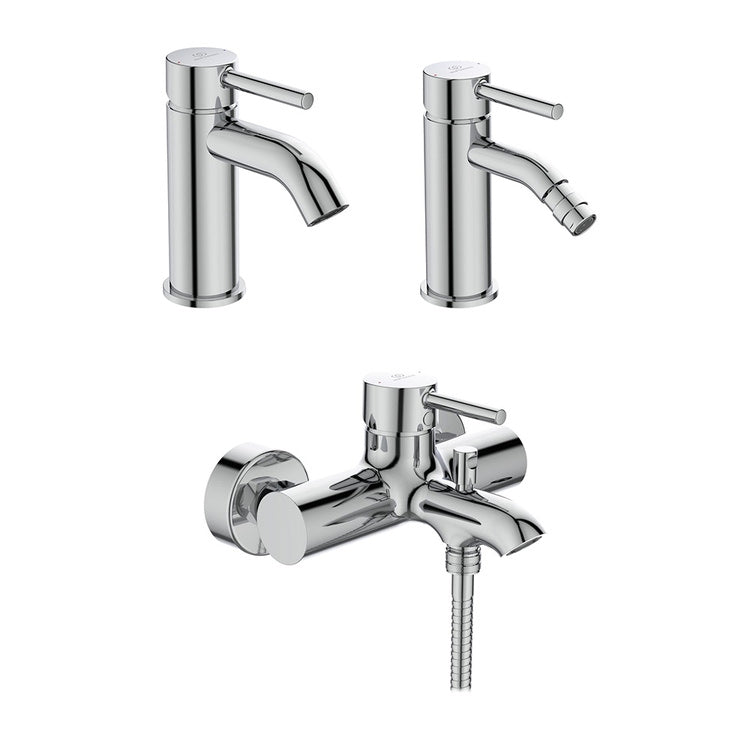 Ideal Standard Armaturen-Set mit Waschtischmischer mit Ablauf, Bidetmischer mit Ablauf, Einhebelmischer für Badewanne und Dusche, Chromoberfläche CERALINE SETCE005
