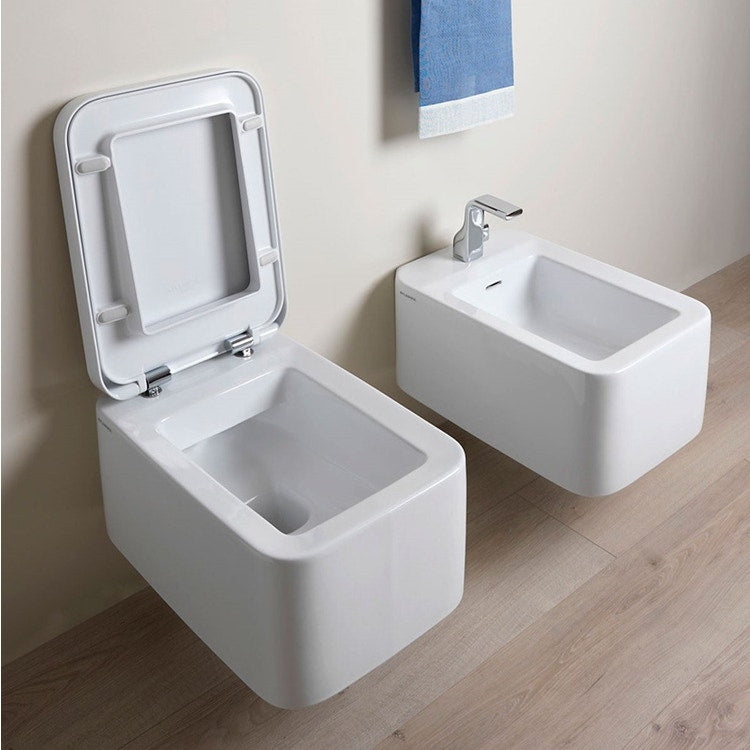 Flaminia Set hängende Sanitäranlagen, WC mit goclean®-System und abnehmbarer WC-Sitz mit langsam schließendem Deckel, Einloch-Bidet mit Überlauf, Weiß, glänzende Oberfläche NILE NL118G+NL218+NLCW03