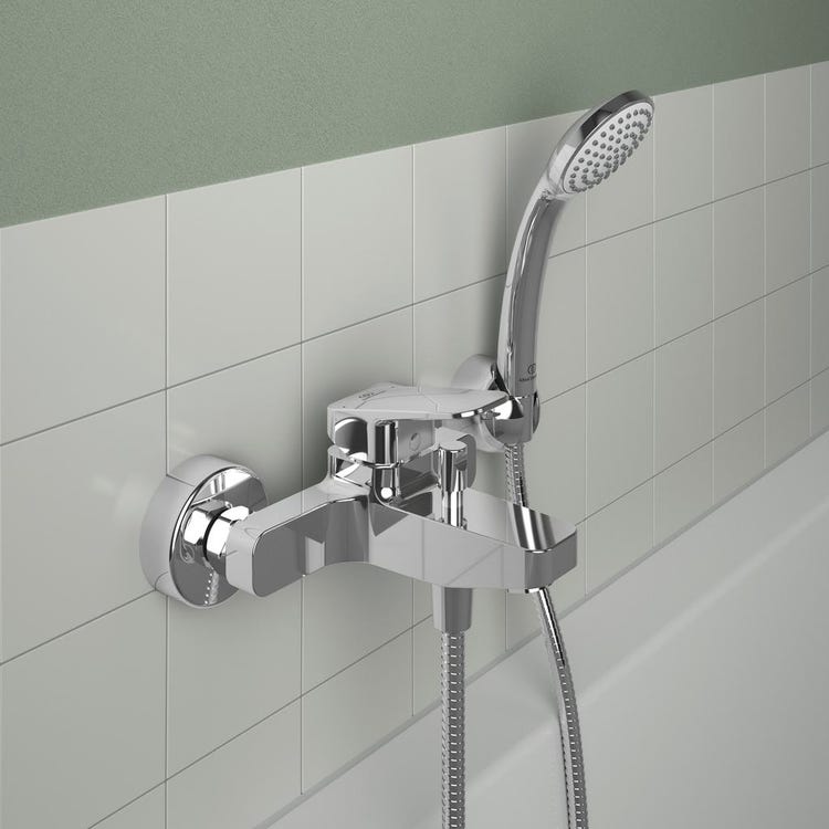 Ideal Standard Außeneinhebelmischer für Badewanne/Dusche, mit Idealrain 1-Funktions-Handbrause, festem Halter und 150 cm flexiblem Schlauch, verchromt CERAPLAN BD256AA
