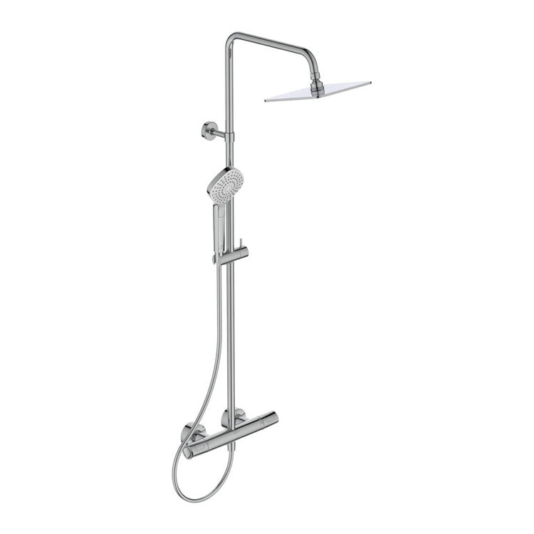 Ideal Standard Duschsäule mit externem Thermostat, Idealrain Handbrause mit Durchflussbegrenzer, quadratischer Kopfbrause 20 cm, Wandstange und Flexschlauch L. 175 cm, Chromoberfläche CERATHERM T100 A7240AA