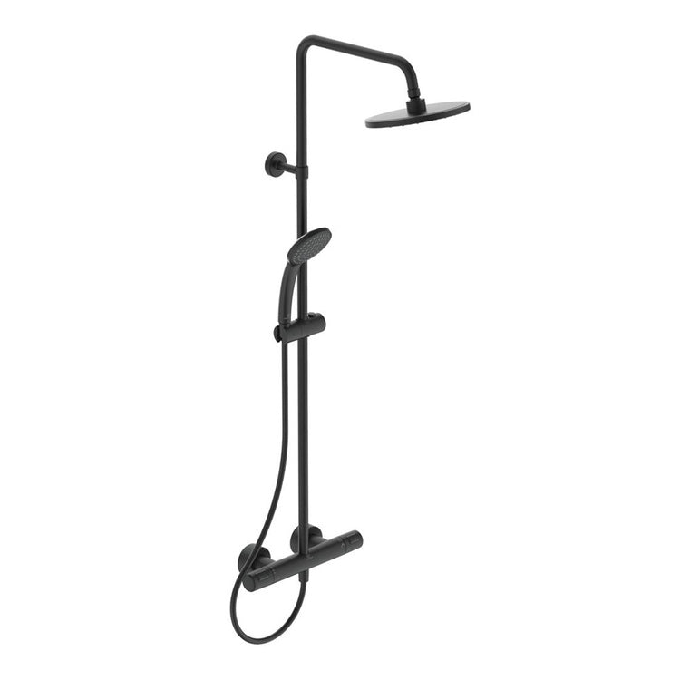 Ideal Standard Duschsäule mit externem Thermostat, Wandstange, Duschkopf Ø 20 cm, Handbrausehalter mit Druckgleitfunktion, Idealrain-Handbrause und Schlauch L. 175 cm, Farbe seidenmattschwarz, matte Oberfläche CERATHERM T25 A7545XG
