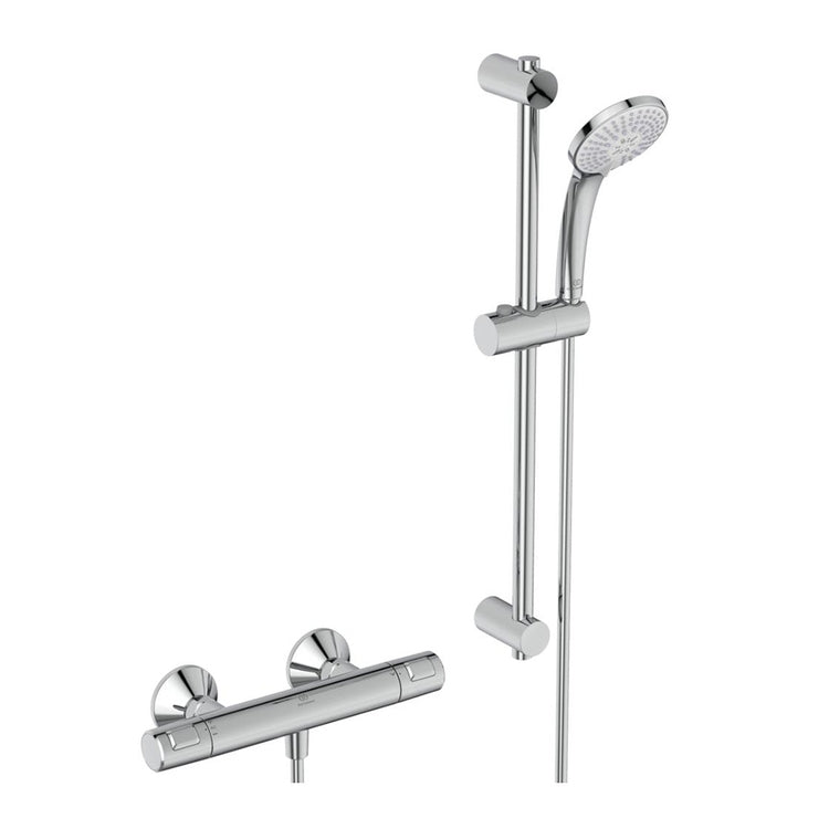 Ideal Standard Externes Thermostat-Kit mit Duschstange, Handbrause mit 3 Funktionen, 125 cm Edelstahlbrauseschlauch und externem Thermostat, Chrom-Finish CERATHERM T25 A7203AA