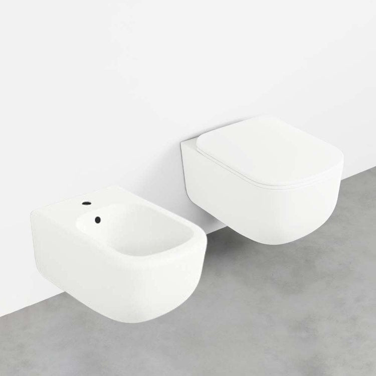 Cielo Komplettes Set hängende Sanitäranlagen, Rimless-WC, Sitz mit langsamer Absenkung, Einloch-Bidet mit Überlauf, Farbe Talk, matte Ausführung ERA ERVSKTL+CPVERTFTL+ERBSTL