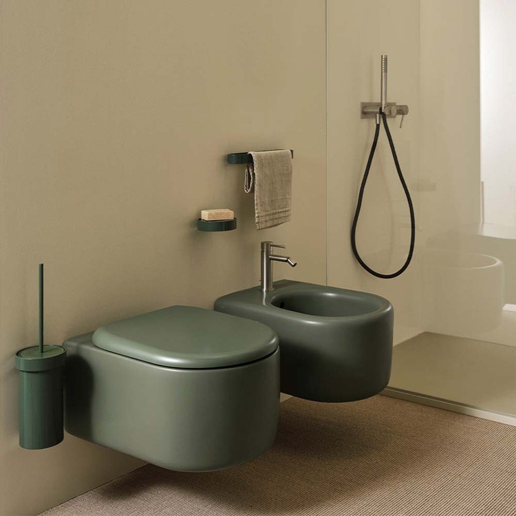 Cielo Set hängende Sanitäranlagen, bodenloses WC mit Absenkdeckel und Einloch-Bidet, Farbe Alge, glänzende Ausführung ITACA ITBSAL+ITVSKAL+CPVITTFAL