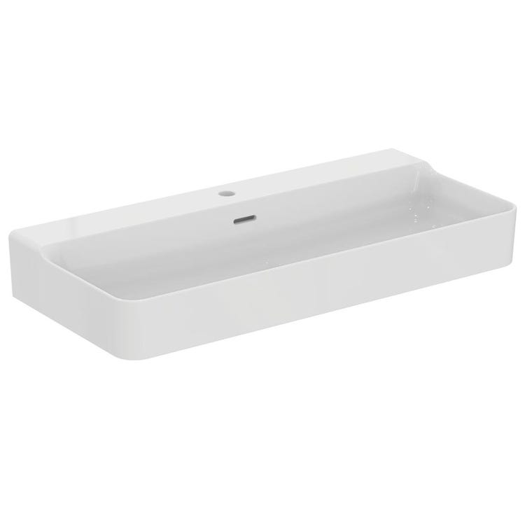 Ideal Standard Rechteckiges, geschliffenes Waschbecken, hängend oder aufliegend, L. 100 cm, ein Loch, mit Überlauf, Farbe Seidenweiß, matte Oberfläche CONCA T3832V1