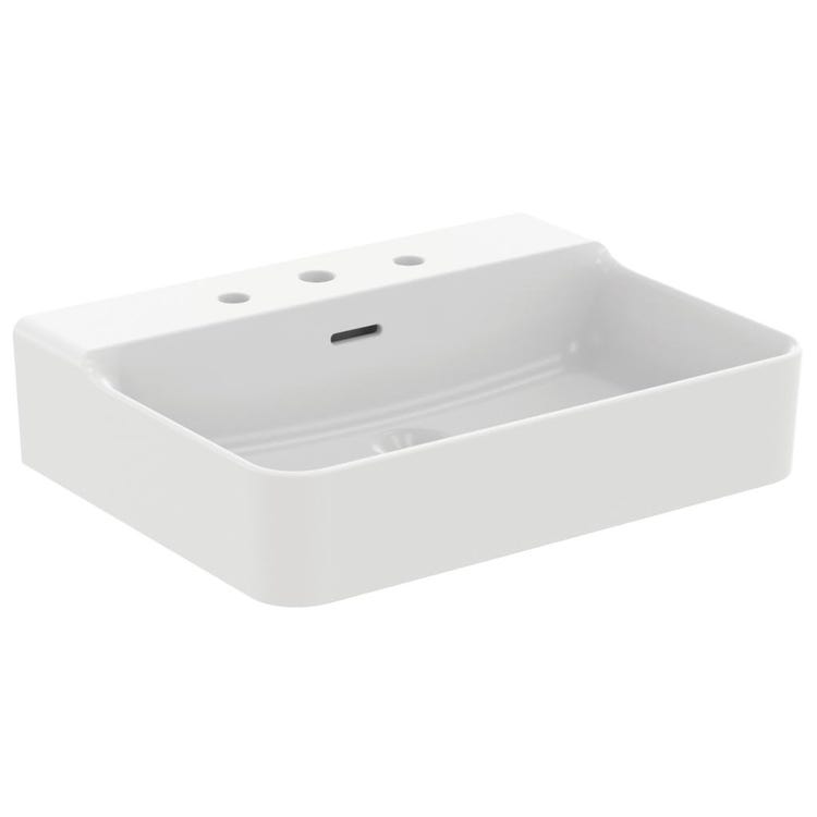 Ideal Standard Rechteckiges, kalibriertes Waschbecken, hängend oder aufliegend, L. 60 cm, 3 Löcher, mit Überlauf, Weiß, glänzende Oberfläche CONCA T381901