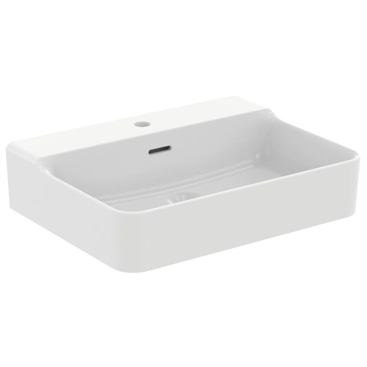 Ideal Standard Rechteckiges, geschliffenes Waschbecken, hängend oder aufliegend, L. 60 cm, Einloch, mit Überlauf, Farbe Seidenweiß, matte Oberfläche CONCA T3818V1