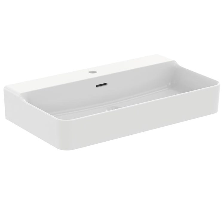 Ideal Standard Waschbecken, rechteckig, geschliffen, hängend oder aufliegend, L. 80 cm, ein Loch, mit Überlauf, Farbe Seidenweiß, matte Oberfläche CONCA T3826V1