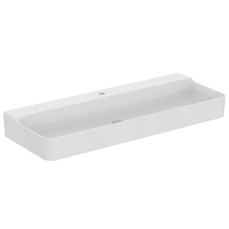 Ideal Standard Rechteckiges emailliertes Waschbecken, wandhängend oder aufstellbar, L. 120 cm, 3 Löcher, ohne Überlauf, Weiß, glänzende Oberfläche CONCA T380701