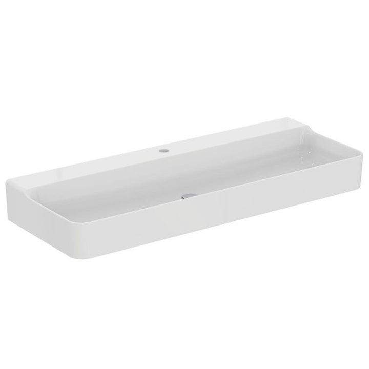 Ideal Standard Rechteckiges emailliertes Waschbecken, wandhängend oder aufstellbar, L. 120 cm, 3 Löcher, ohne Überlauf, Weiß, glänzende Oberfläche CONCA T380701