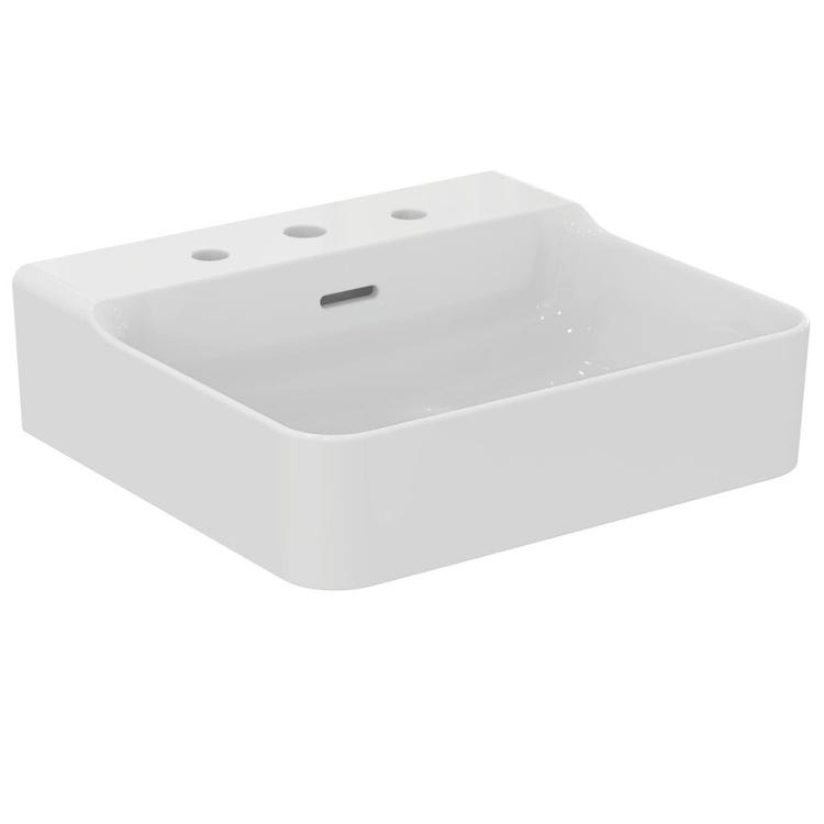 Ideal Standard Rechteckiges emailliertes Waschbecken, hängend oder aufstellbar, L. 50 cm, 3 Löcher, mit Überlauf, Weiß, glänzende Oberfläche CONCA T378301