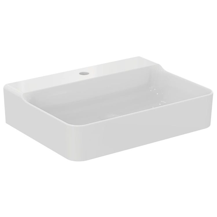 Ideal Standard Rechteckiges, emailliertes Waschbecken, hängend oder aufliegend, L. 60, ein Loch, ohne Überlauf, Weiß, glänzende Oberfläche CONCA T379001