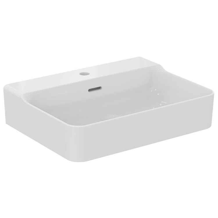 Ideal Standard Waschbecken emailliert, rechteckig, hängend oder aufliegend, L. 60 cm, einloch, mit Überlauf, Farbe Seidenweiß, matte Oberfläche CONCA T3691V1