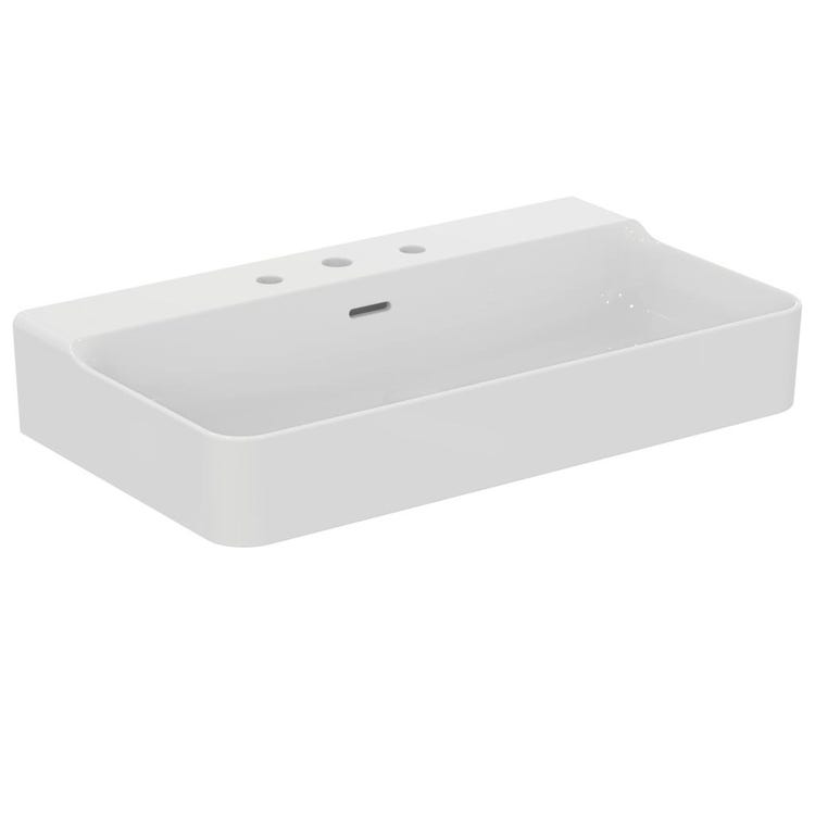 Ideal Standard Rechteckiges emailliertes Waschbecken, wandhängend oder aufstellbar, L. 80 cm, 3 Löcher, mit Überlauf, Weiß, glänzende Oberfläche CONCA T379301