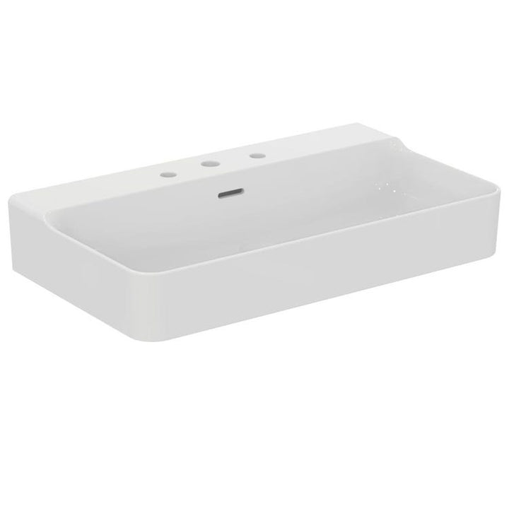 Ideal Standard Rechteckiges emailliertes Waschbecken, wandhängend oder aufstellbar, L. 80 cm, 3 Löcher, mit Überlauf, Weiß, glänzende Oberfläche CONCA T379301