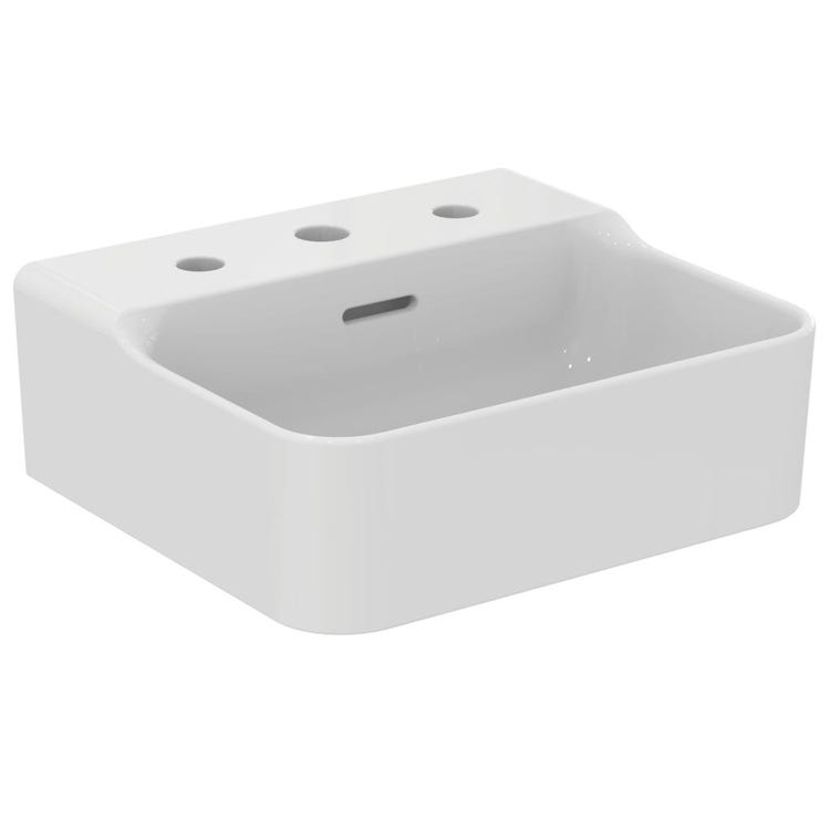 Ideal Standard Waschbecken, emailliert, hängend oder aufliegend, L. 40 cm, 3 Löcher, mit Überlauf, Weiß, glänzende Oberfläche CONCA T381001
